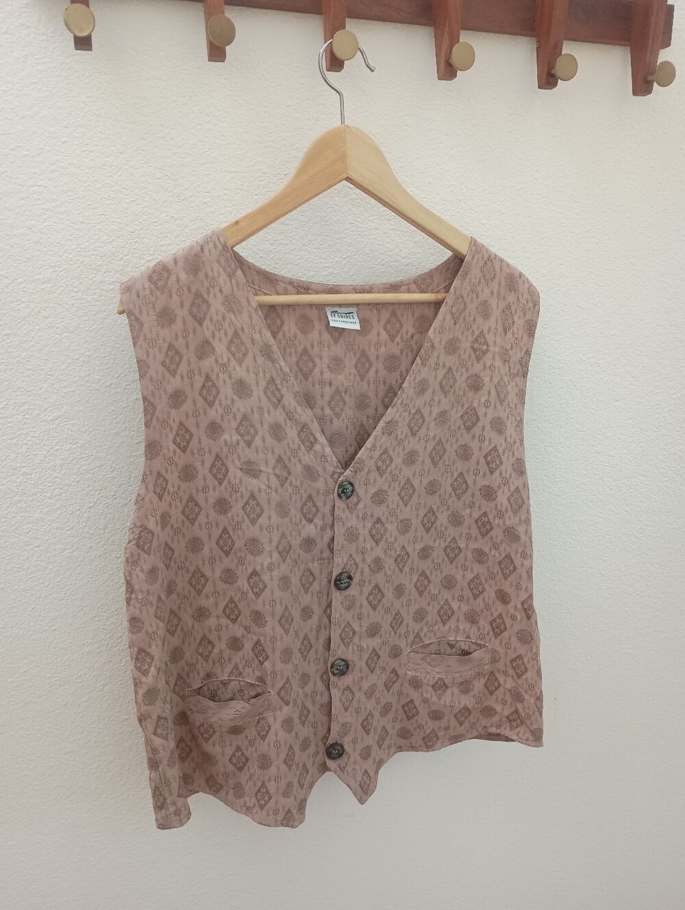 VTG CP Shades Rayon Block Print Vest Lagenlook Boho Medium 20.5" P2P 26" L